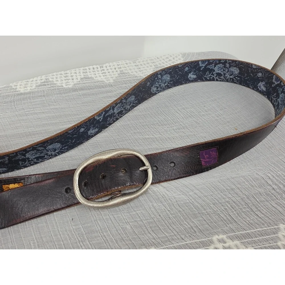 Robert Graham Mens Reversible Leather Belt Brown Blue Floral Silver Buckle 38